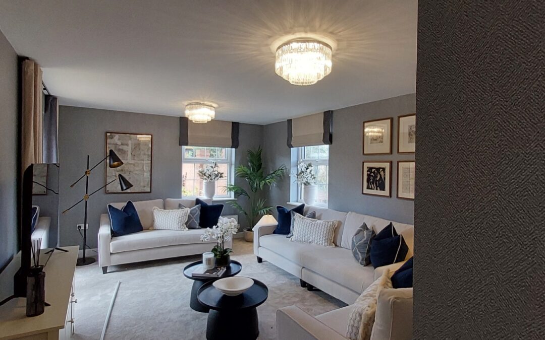 Elegant living room with neutral sofas and modern lighting